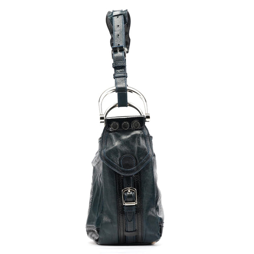 186340 Navy Leather Crest Logo Shoulder Bag