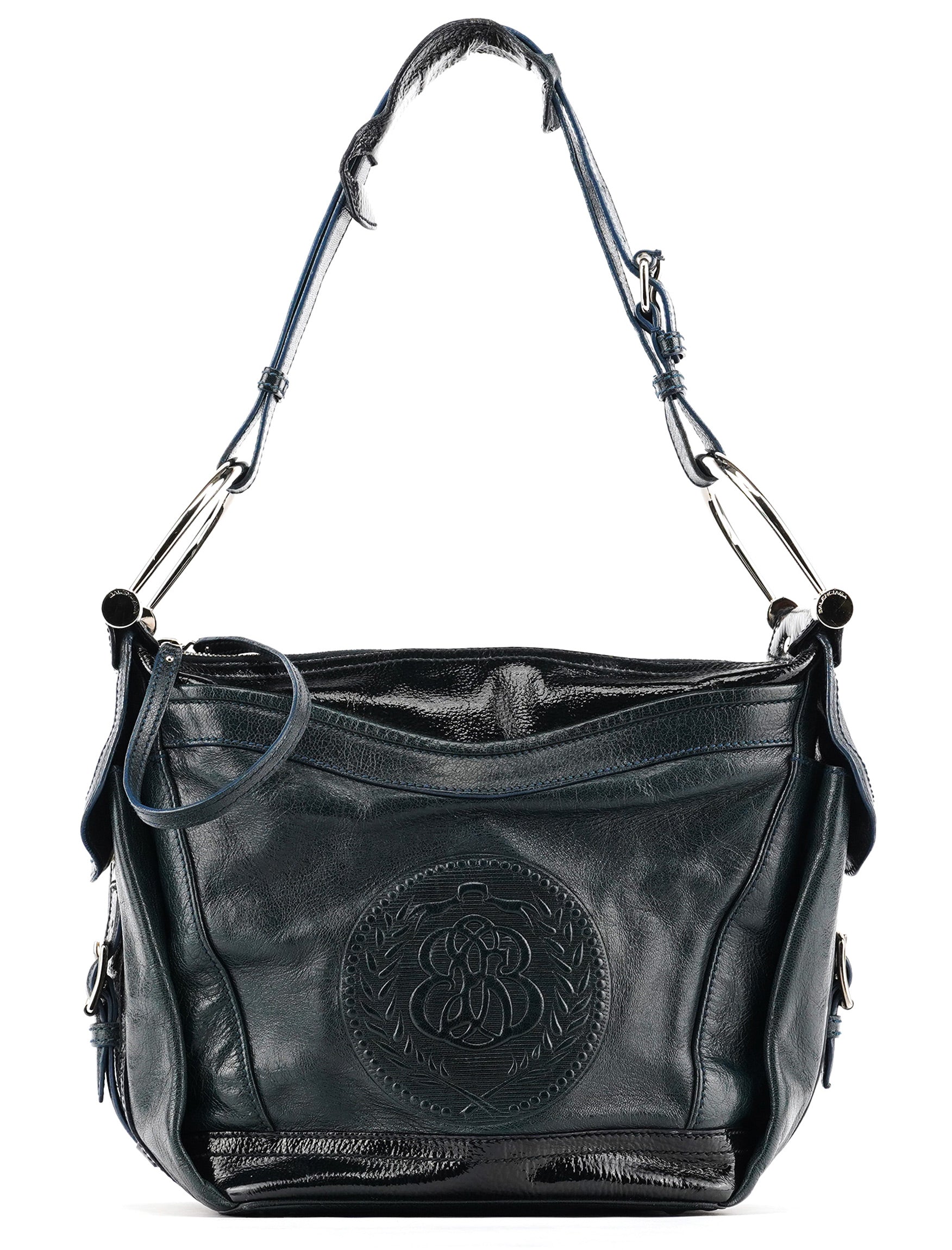 186340 Navy Leather Crest Logo Shoulder Bag