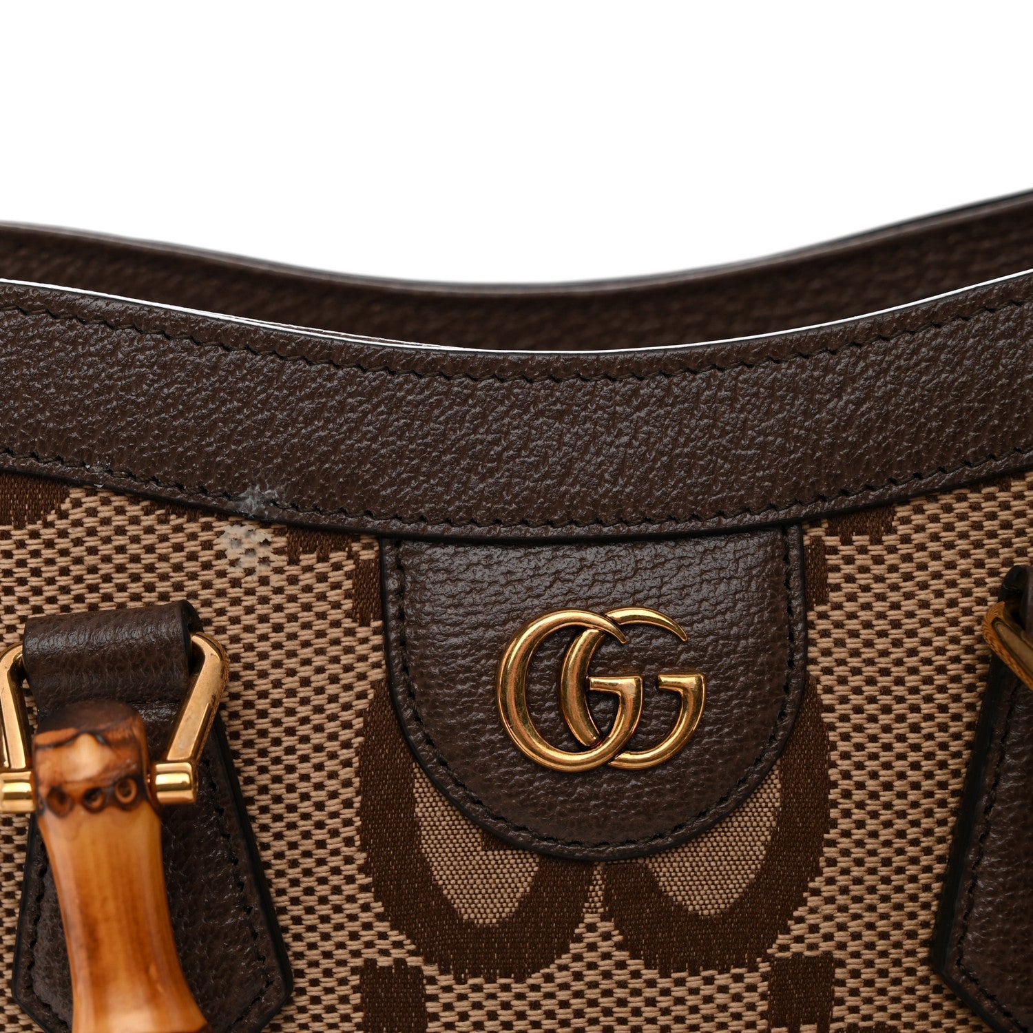 Monogram Jumbo GG Textured Dollar Calfskin Small Diana Tote Bag Camel Ebony New Acero