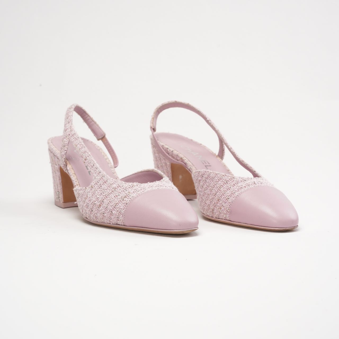 Chanel Tweed/Leather Slingback Pumps Pink 38