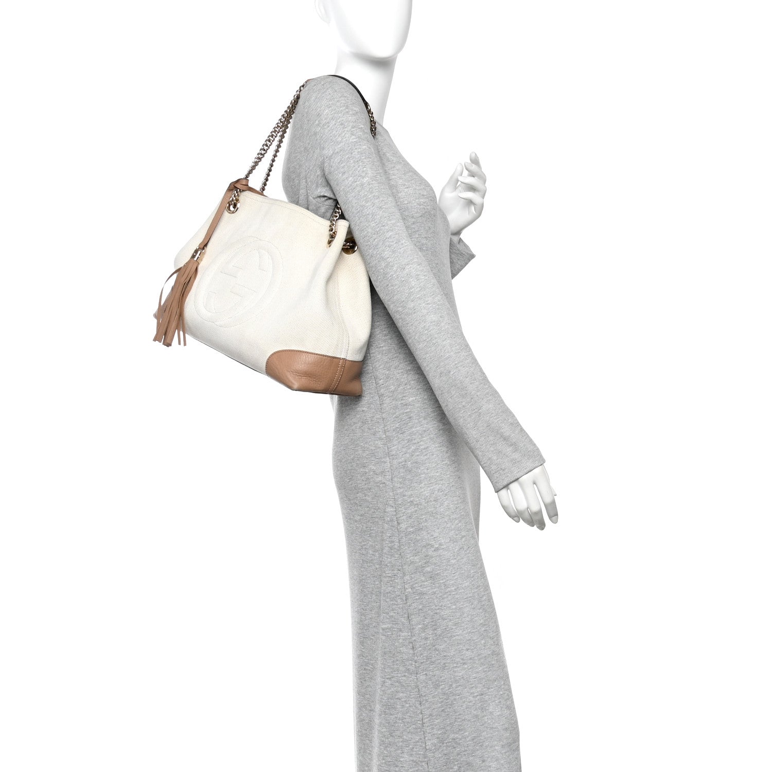 Linen Canvas Pebbled Calfskin Medium Soho Chain Shoulder Bag White Camelia
