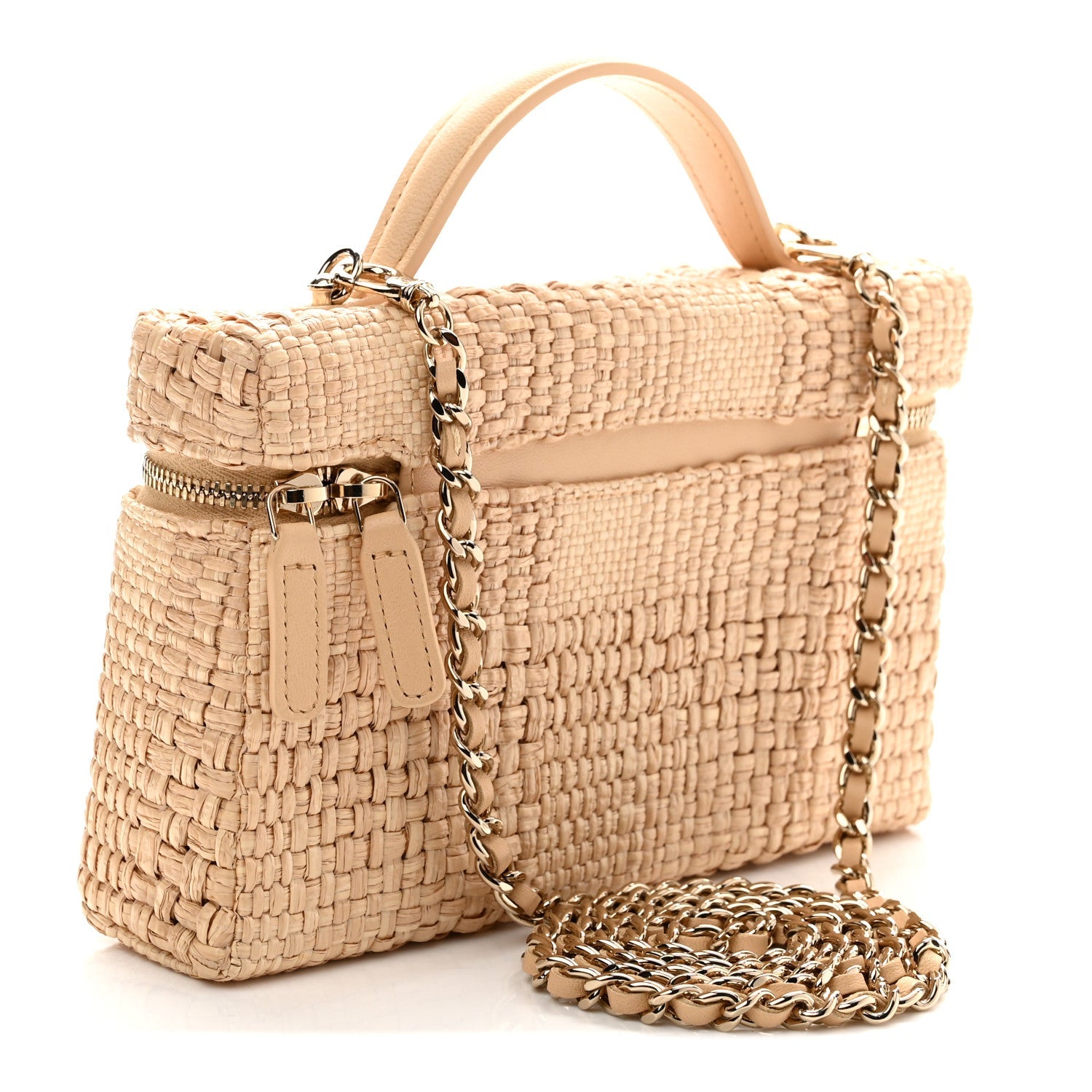 Braided Raffia Quilted Top Handle Slim Vanity Case With Chain Beige