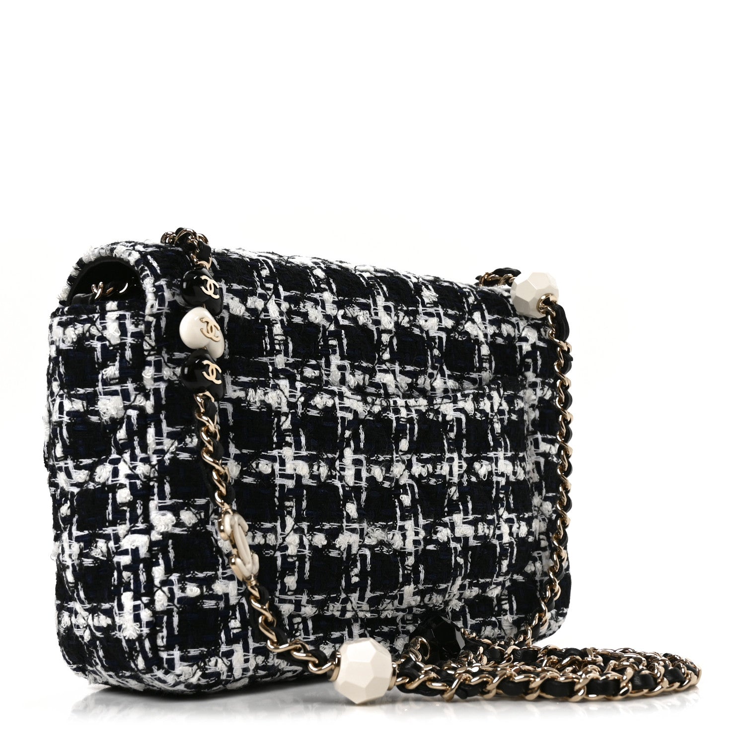 Tweed Resin Quilted Mini Heart Square Flap Navy White Black