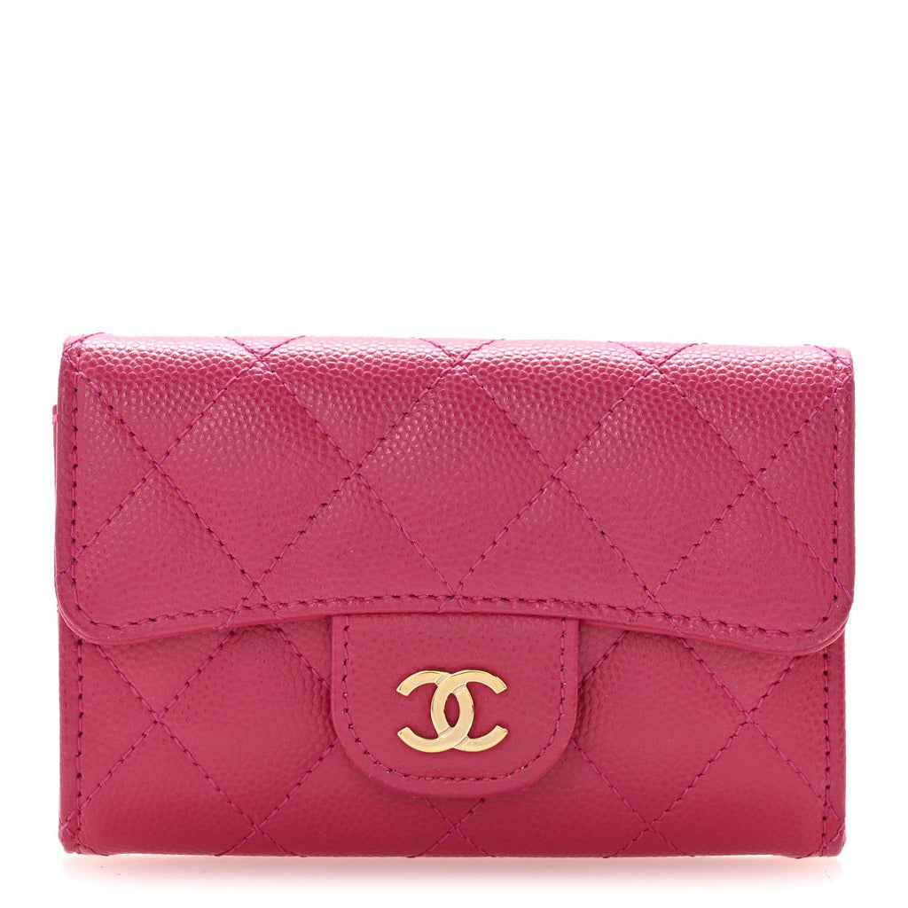 Caviar Quilted Flap Card Holder Wallet Dark Pink