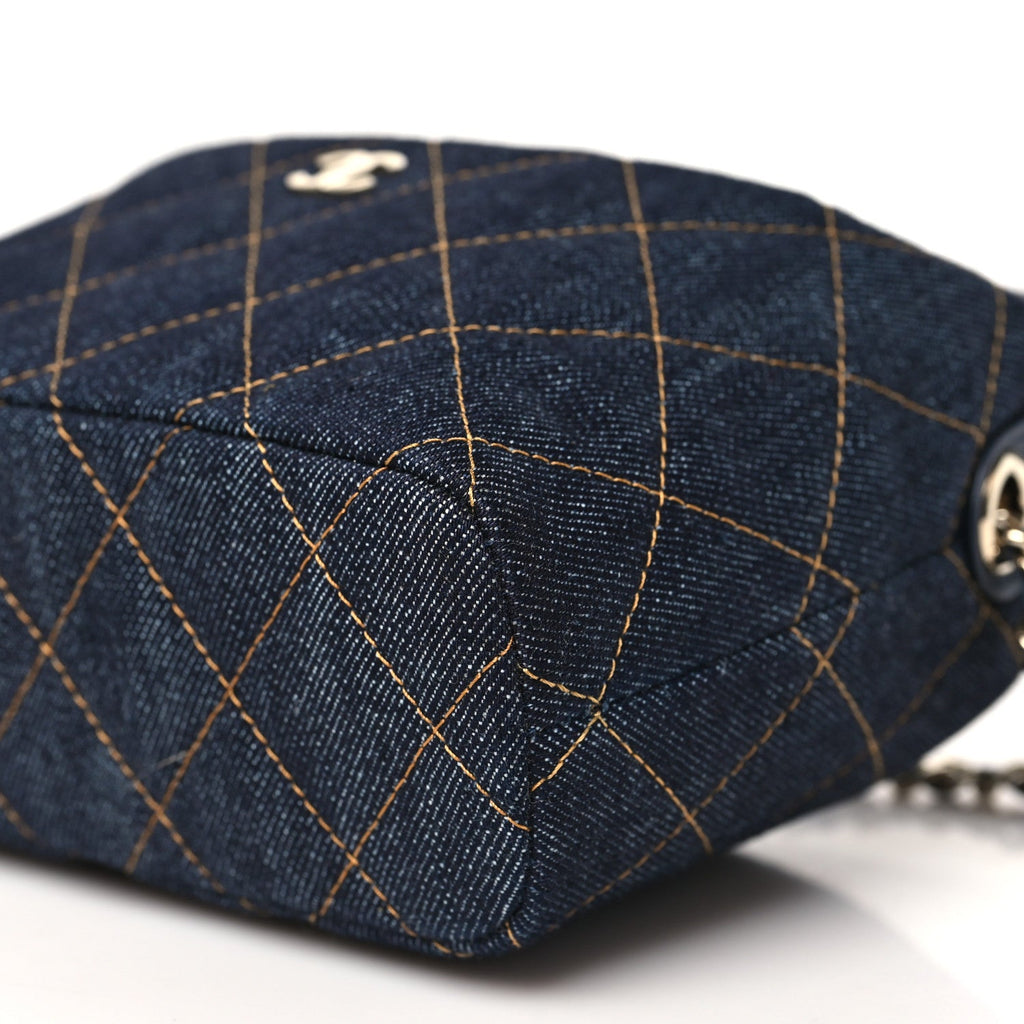 Denim Quilted Hobo Clutch With Chain Dark Blue Orange