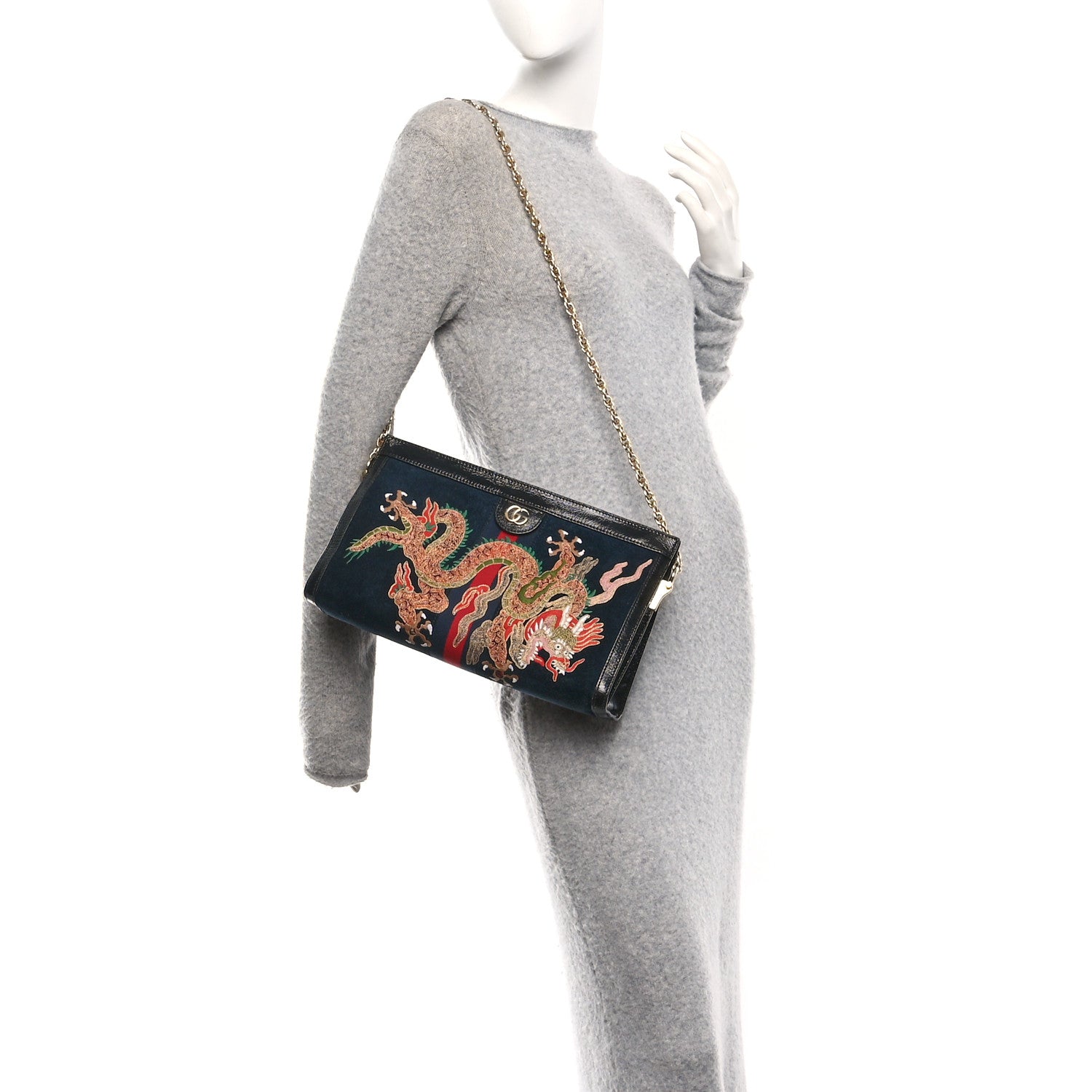 Suede Patent Web Dragon Embroidered Medium Ophidia Chain Shoulder Bag Blue Multicolor Black