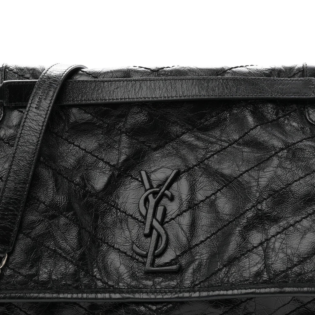 Crinkled Calfskin Matelasse Monogram Large Niki Chain Satchel Black