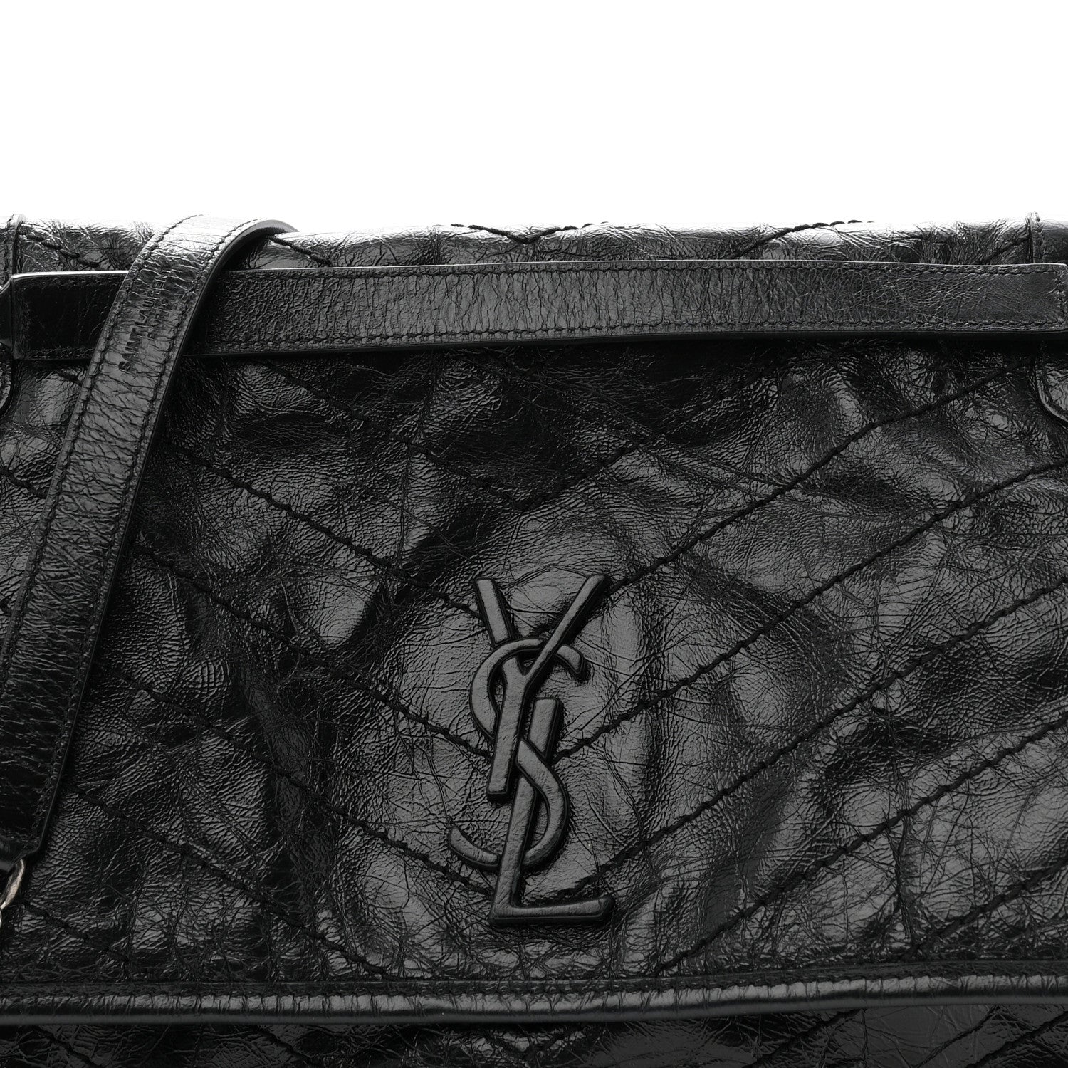 Crinkled Calfskin Matelasse Monogram Large Niki Chain Satchel Black
