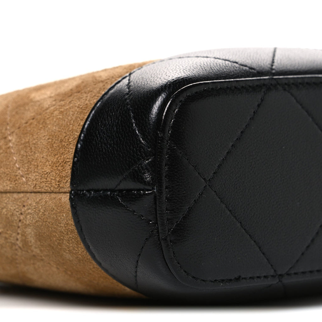 Suede Calfskin Shiny Lambskin Quilted Coco Base Hobo Clutch With Chain Beige Black
