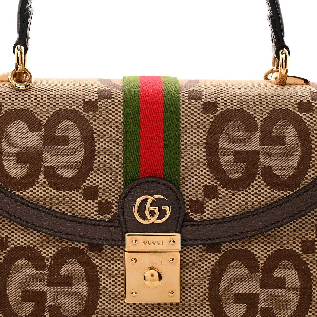 Monogram Jumbo GG Textured Dollar Calfskin Web Small Ophidia Padlock Top Handle Bag Camel Ebony New Acero
