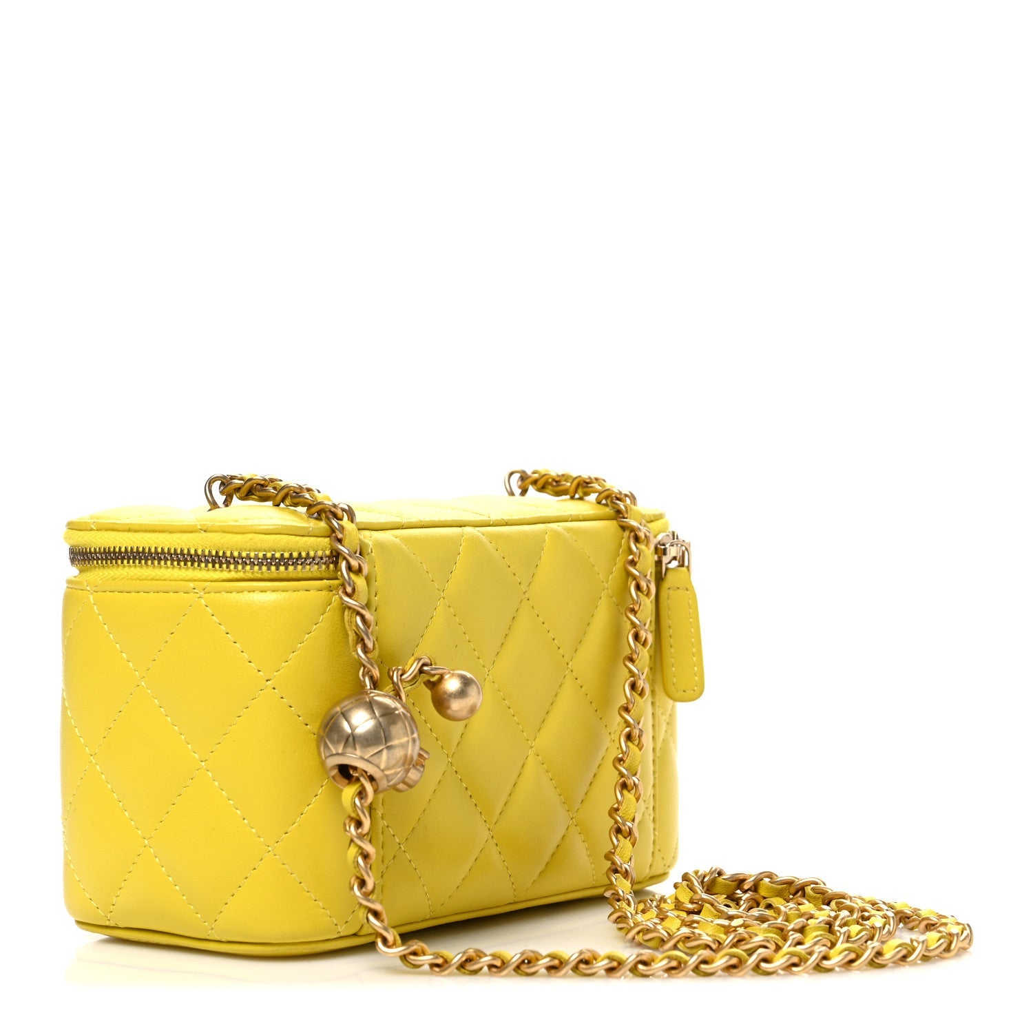 Lambskin Quilted Small Pearl Crush Vanity Case With Chain Yellow
