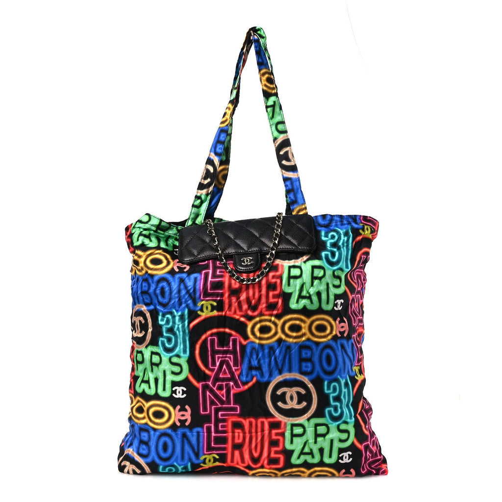 Caviar Fabric Graffiti Foldable Tote Bag With Chain Black Multicolor