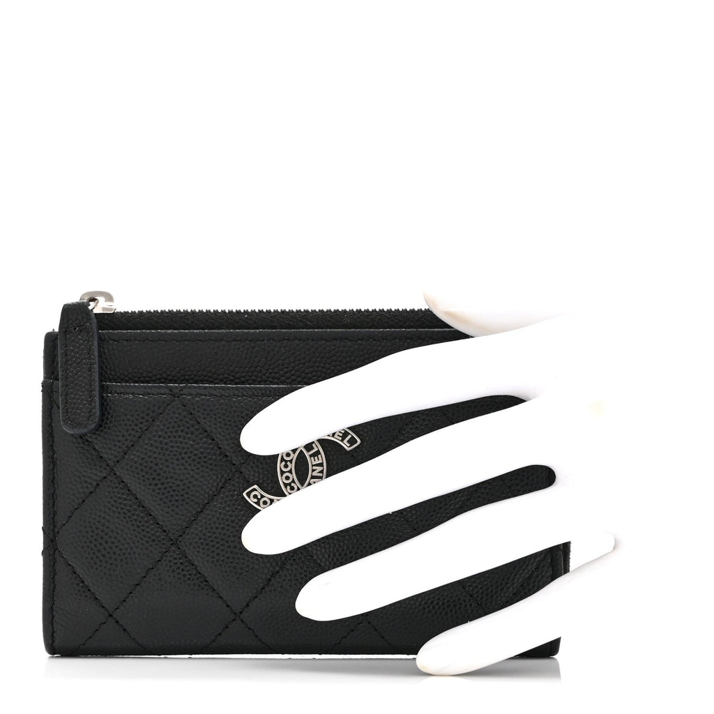 Caviar Quilted CC Logo Zip Around Card Holder Black