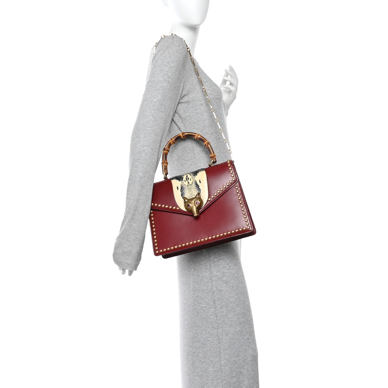 Glossy Calfskin Snakeskin Studded Fox Broche Bamboo Top Handle Bag Red