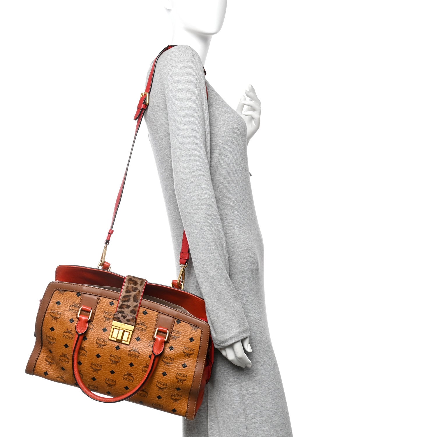 Visetos Calfskin Calf Hair Leopard Print Little Veronica Tote Cognac Multicolor
