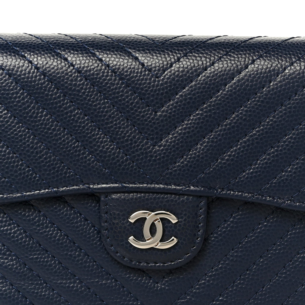 Caviar Chevron Quilted Compact Flap Wallet Navy