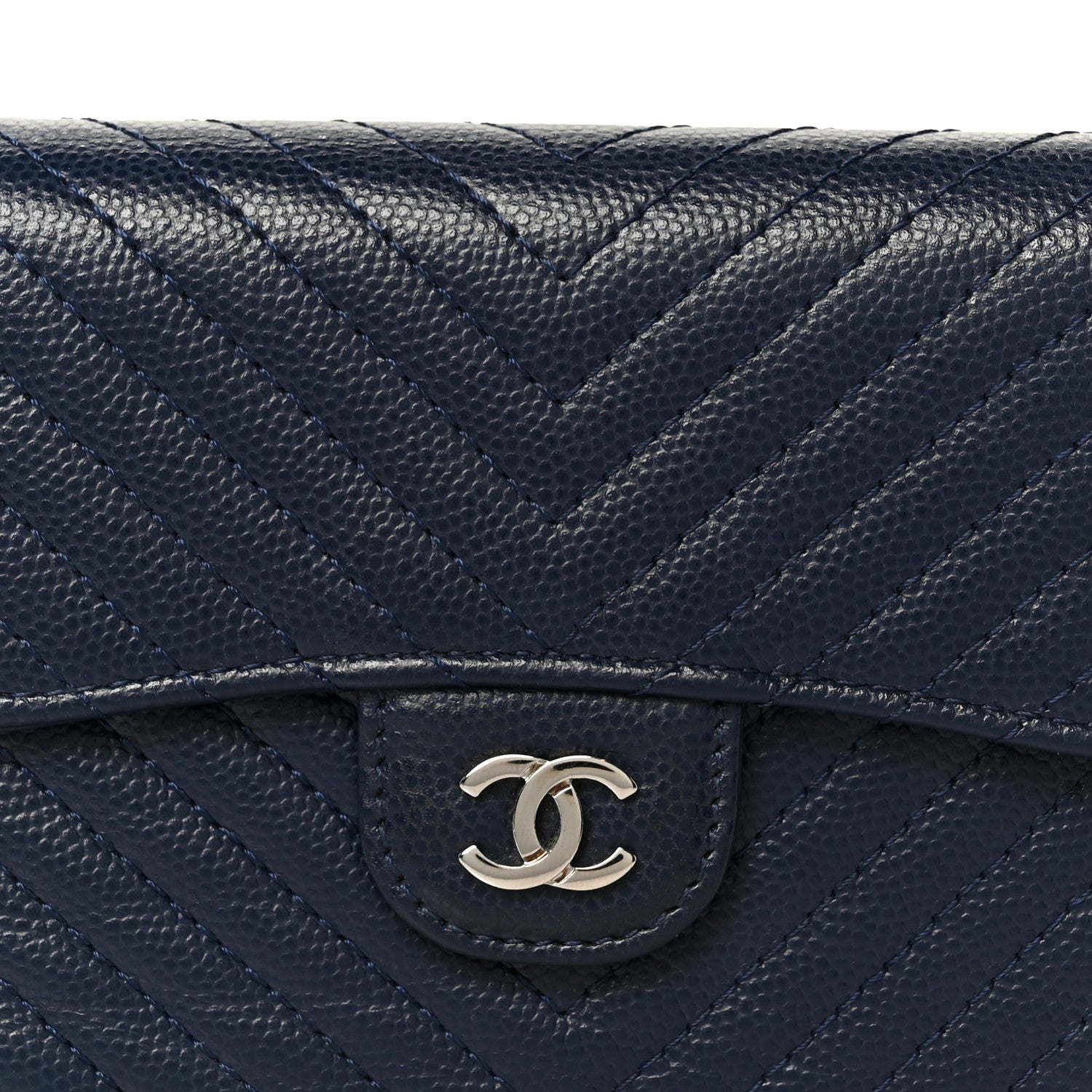 Caviar Chevron Quilted Compact Flap Wallet Navy