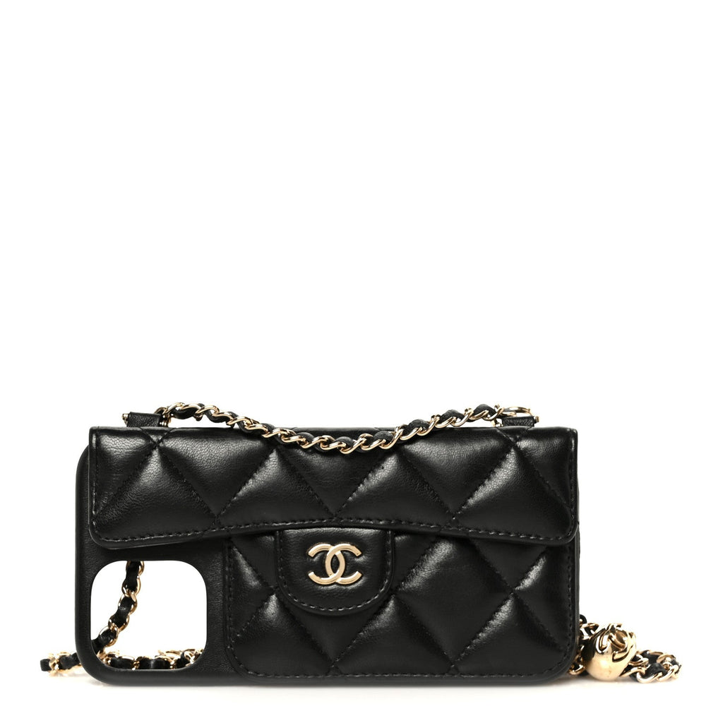 Lambskin Quilted Pearl Crush iPhone XII Pro Holder With Chain Black