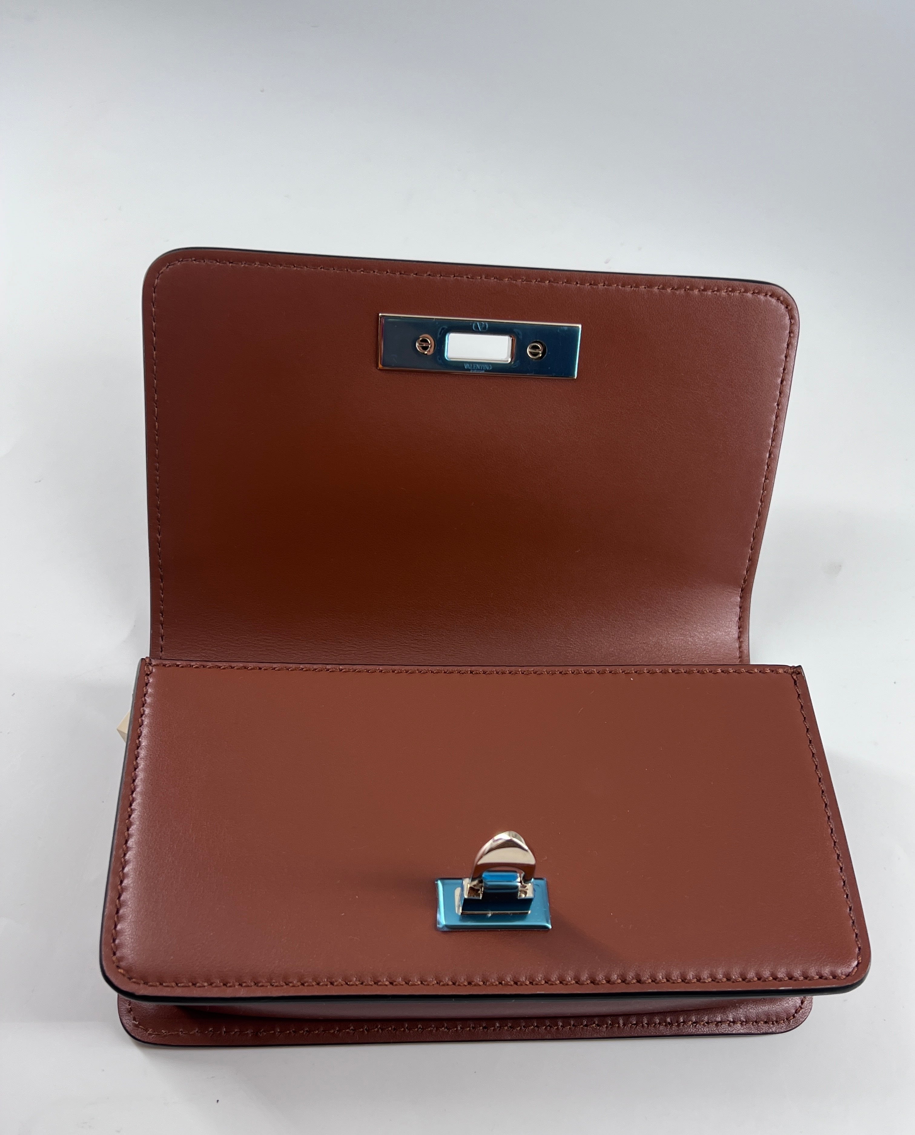 Valentino Garavani Rockstud Flip Lock Flap Bag Leather Brown Leather Bag (Authentic  )