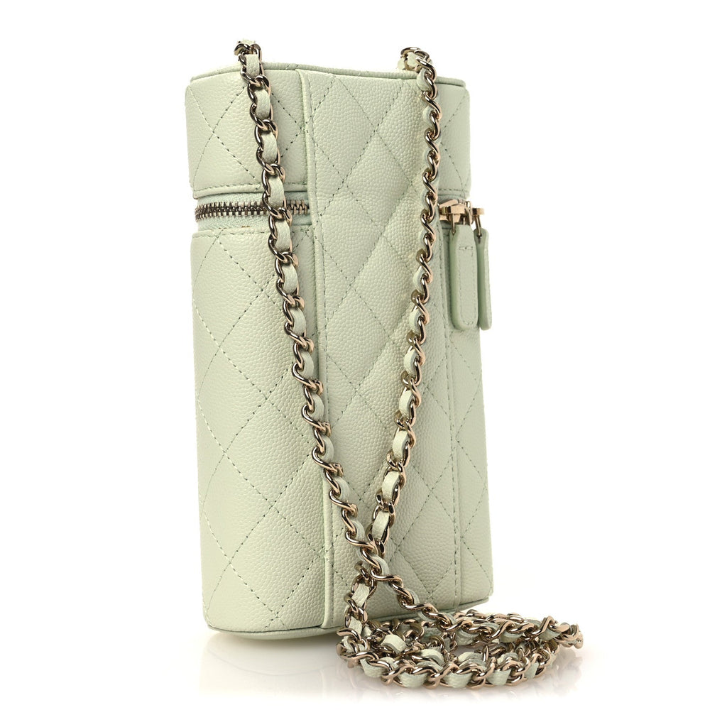 Caviar Quilted Phone Holder With Chain Light Green