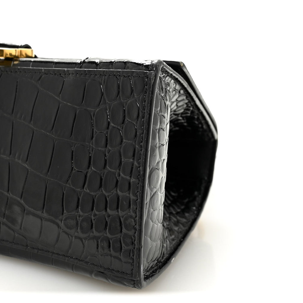 Shiny Calfskin Crocodile Embossed Small Hourglass Top Handle Bag Black