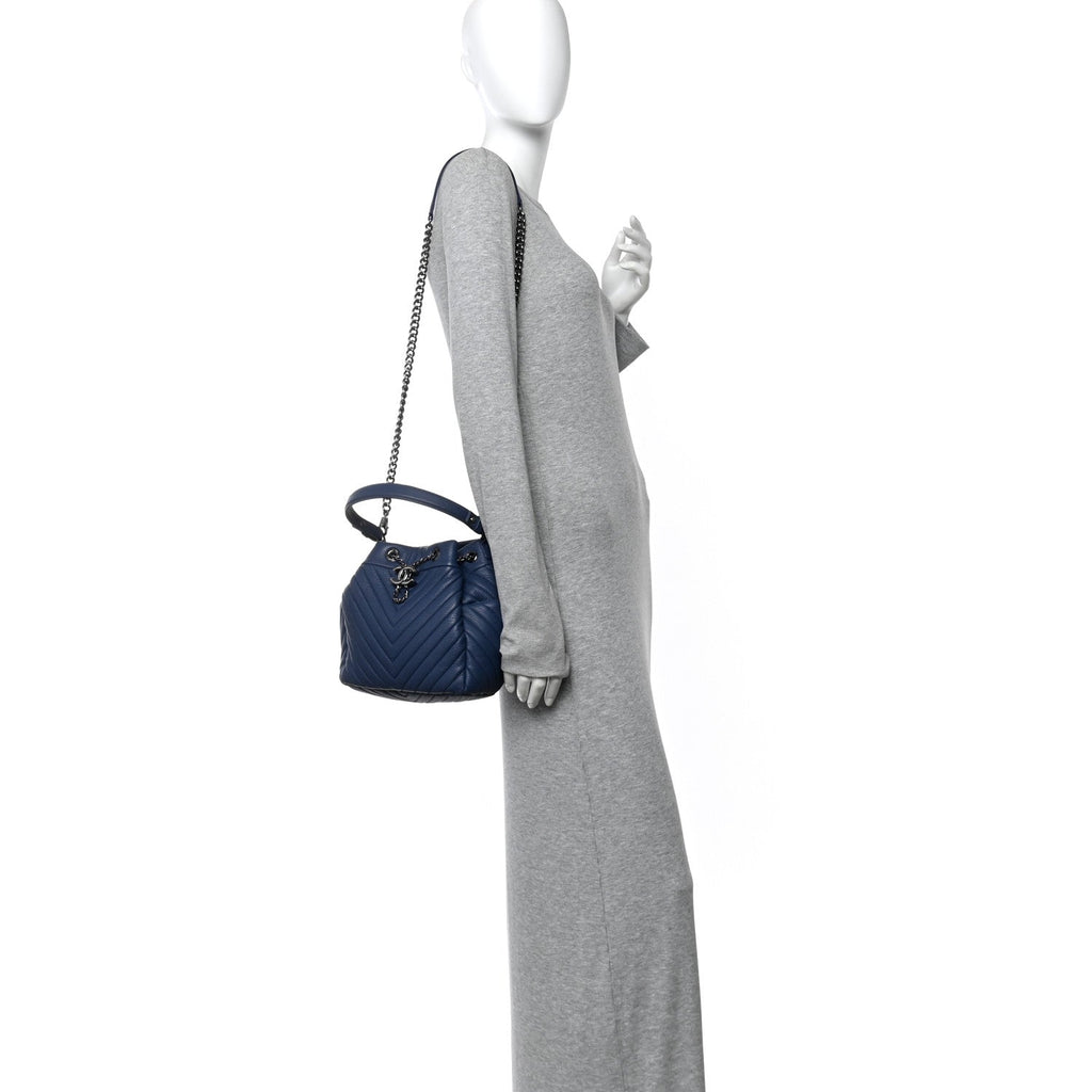 Deerskin Chevron Small CC Chain Bucket Bag Navy Blue
