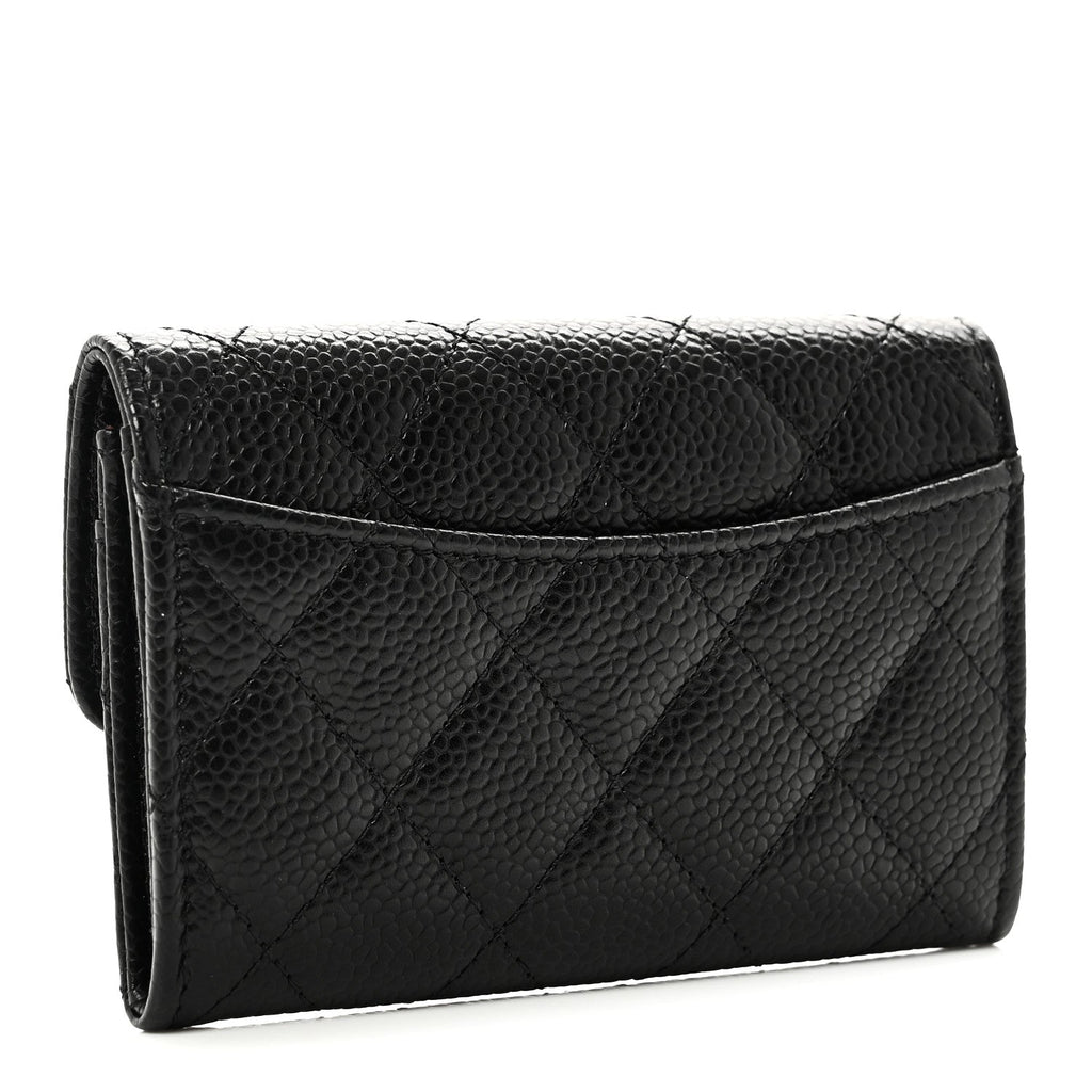 Caviar Quilted Flap Card Holder Wallet Black