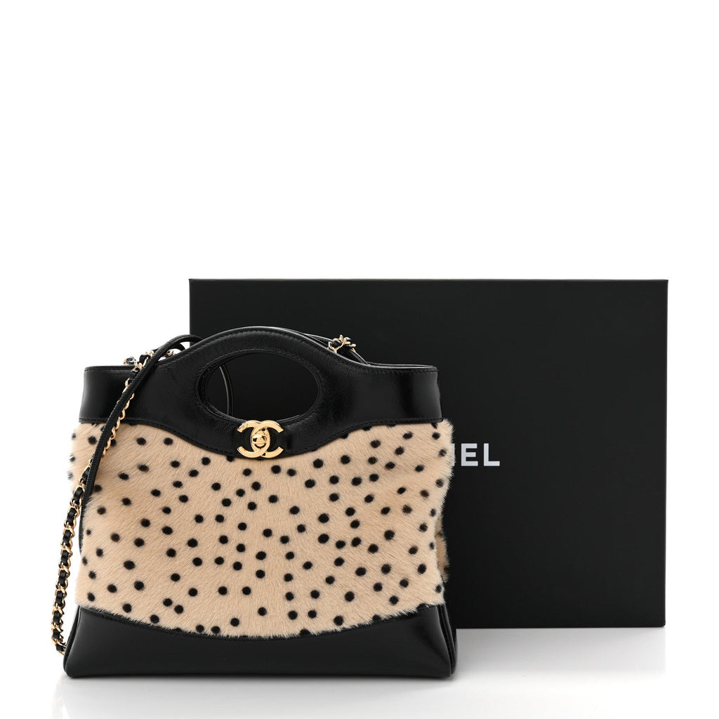 Shiny Lambskin Pony Hair Cheetah Printed Mini 31 Shopping Bag  Light Beige Black