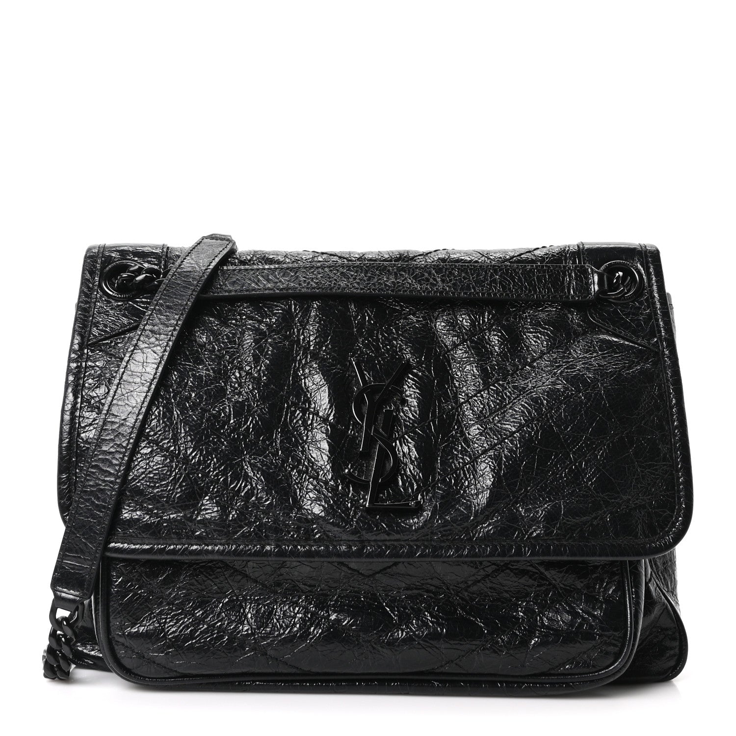 Crinkled Calfskin Matelasse Monogram Medium Niki Chain Satchel Black