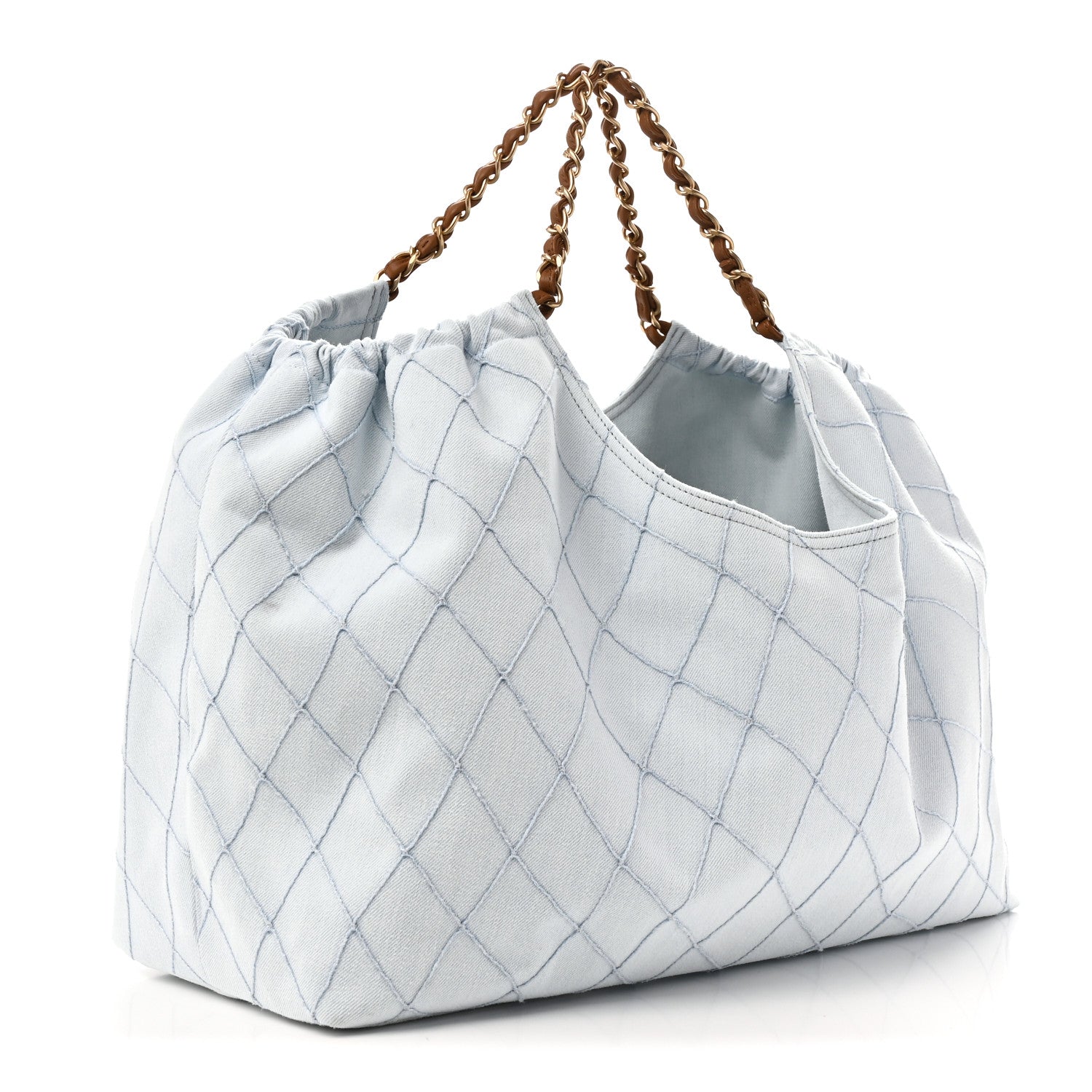 Denim Calfskin Quilted Coco Beach Small Shopping Tote Light Blue Brown