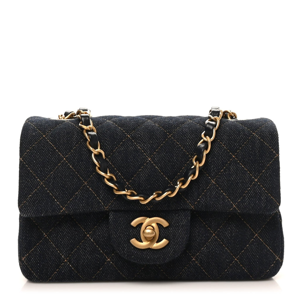 Denim Quilted Mini Rectangular Flap Dark Blue
