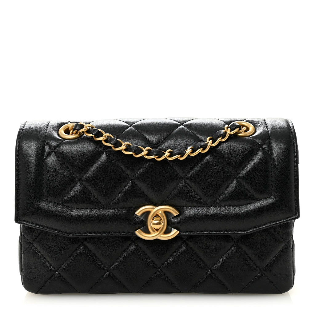 Shiny Lambskin Quilted Mini Flap Black