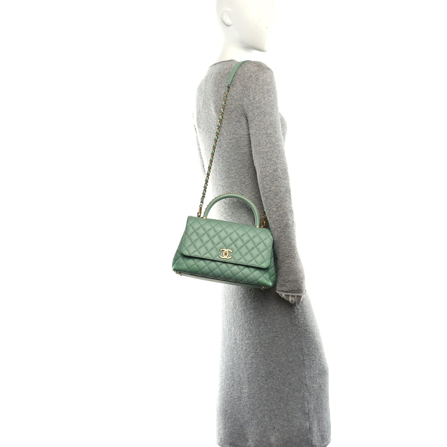 Caviar Quilted Small Coco Chain Handle Flap Light Green