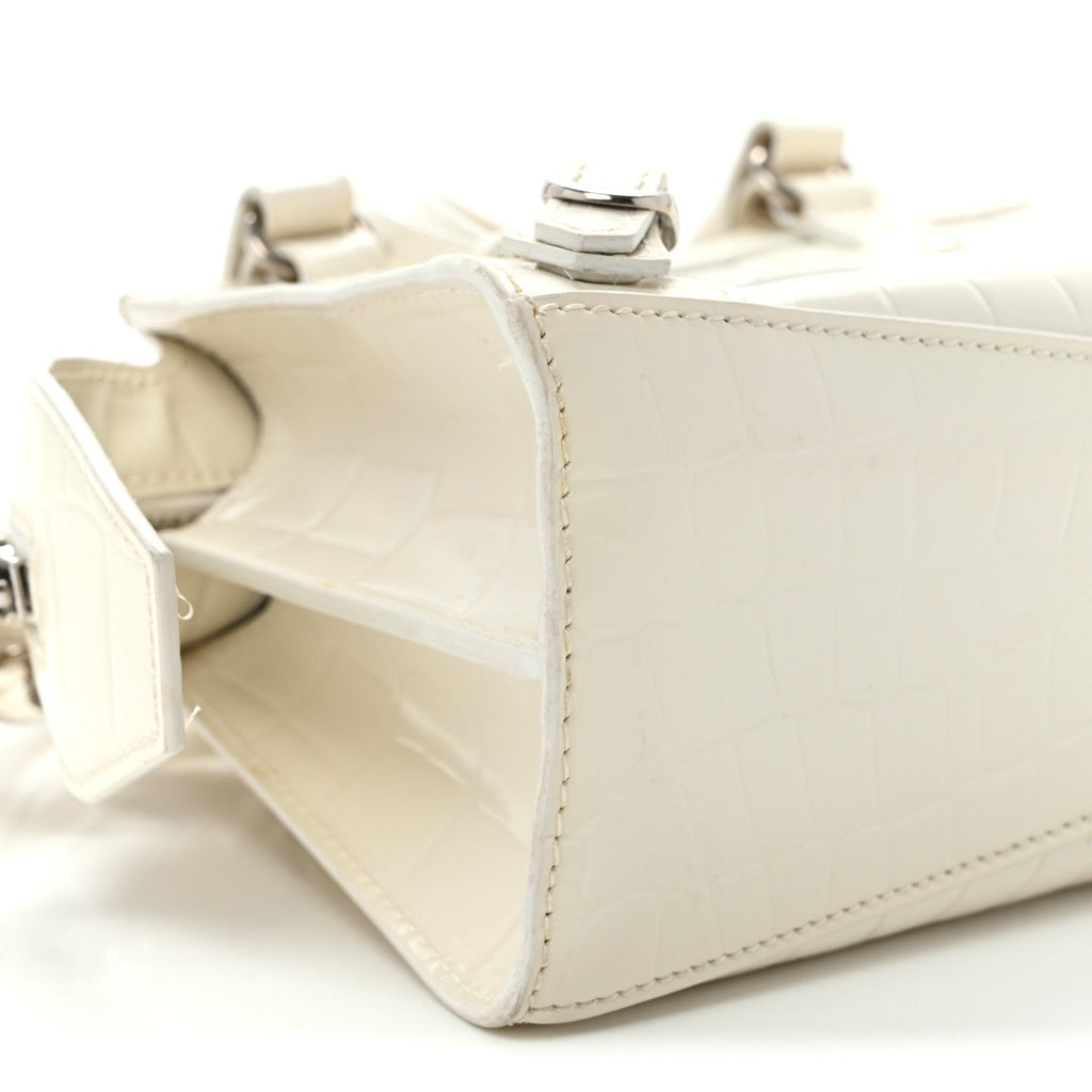 Semi Shiny Calfskin Crocodile Embossed Neo Classic Silver Hardware Nano City Crossbody White