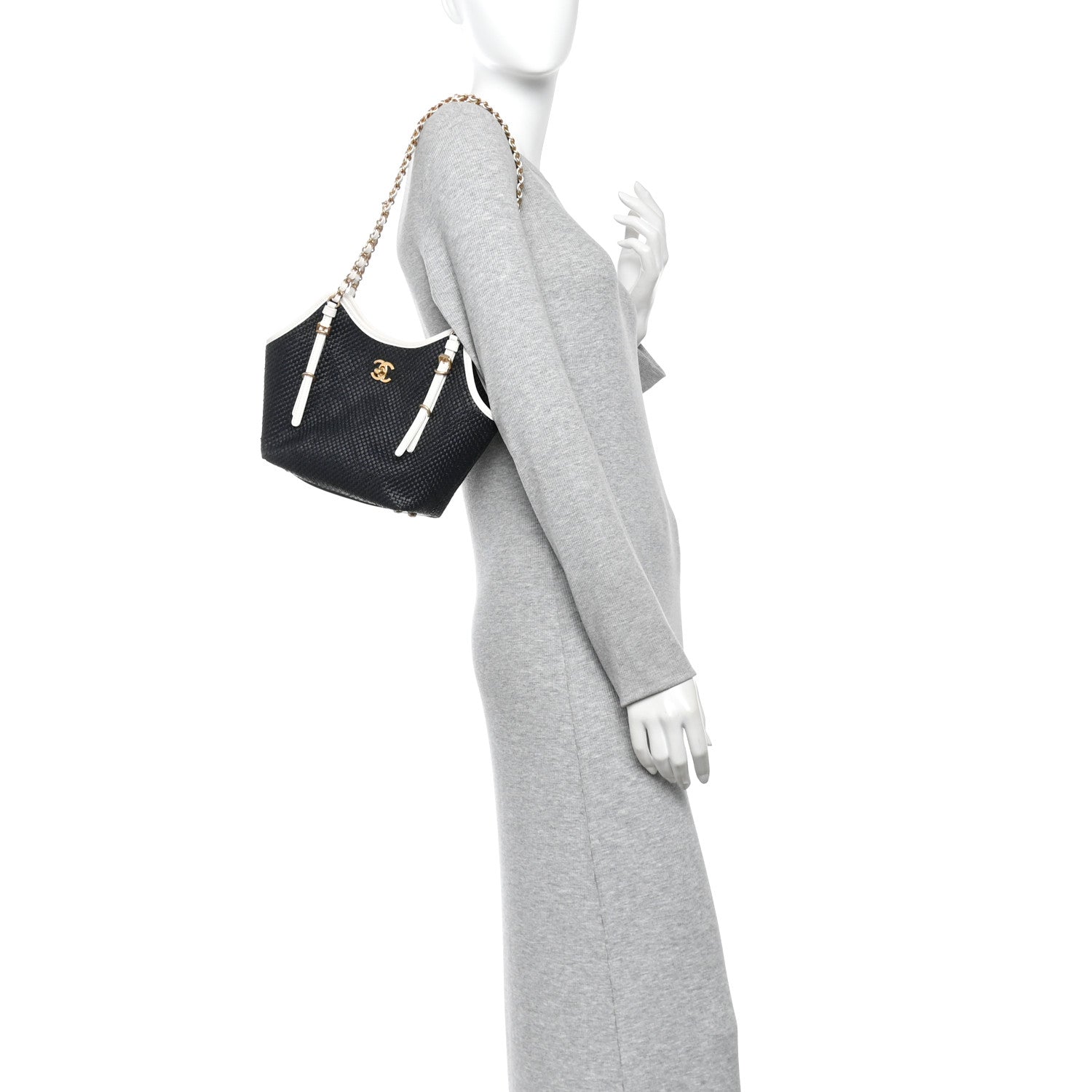 Braided Raffia Calfskin Stitched Small Shopping Tote Black White