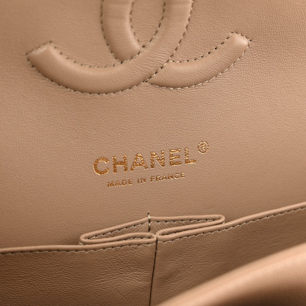 Caviar Quilted Medium Double Flap Beige