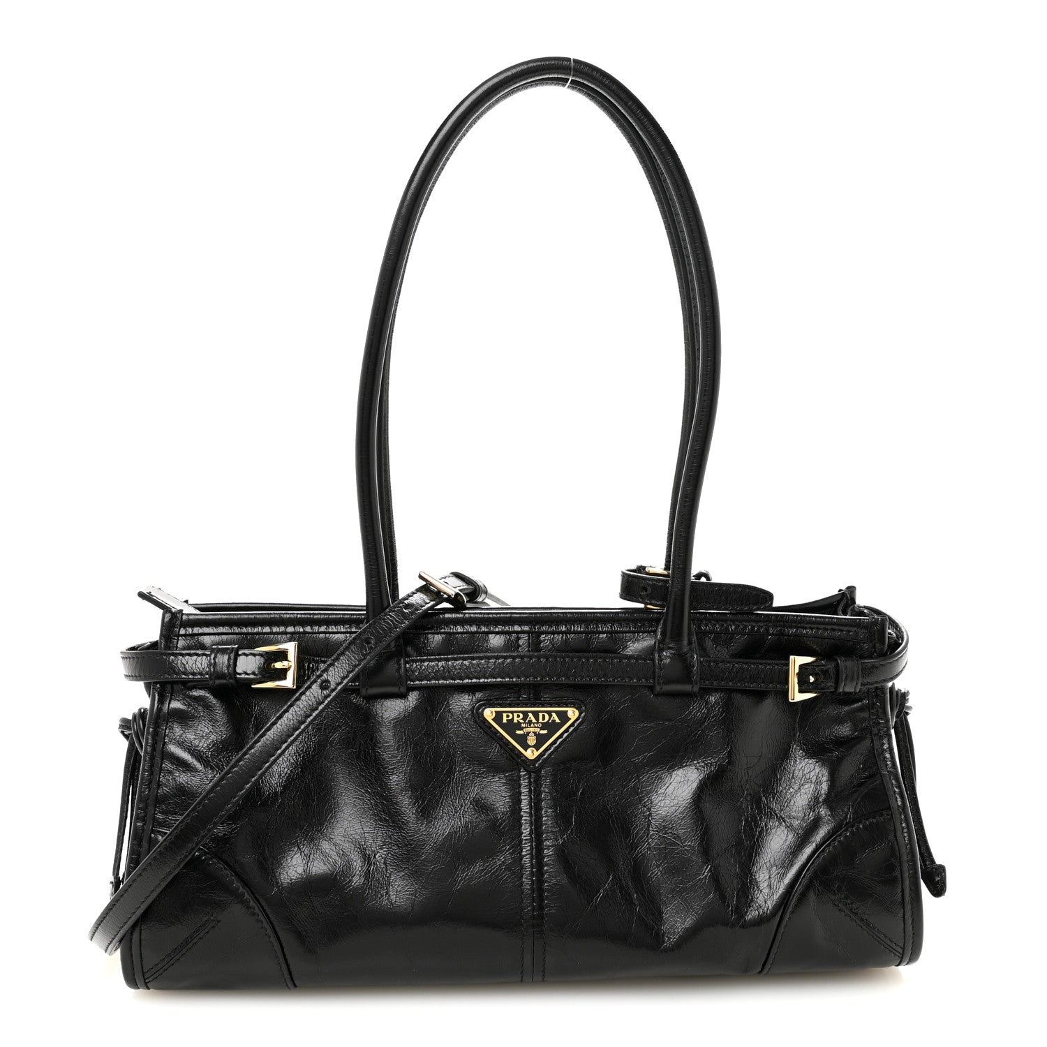 Glossy Calfskin Triangle Medium Bonnie Shoulder Bag Black