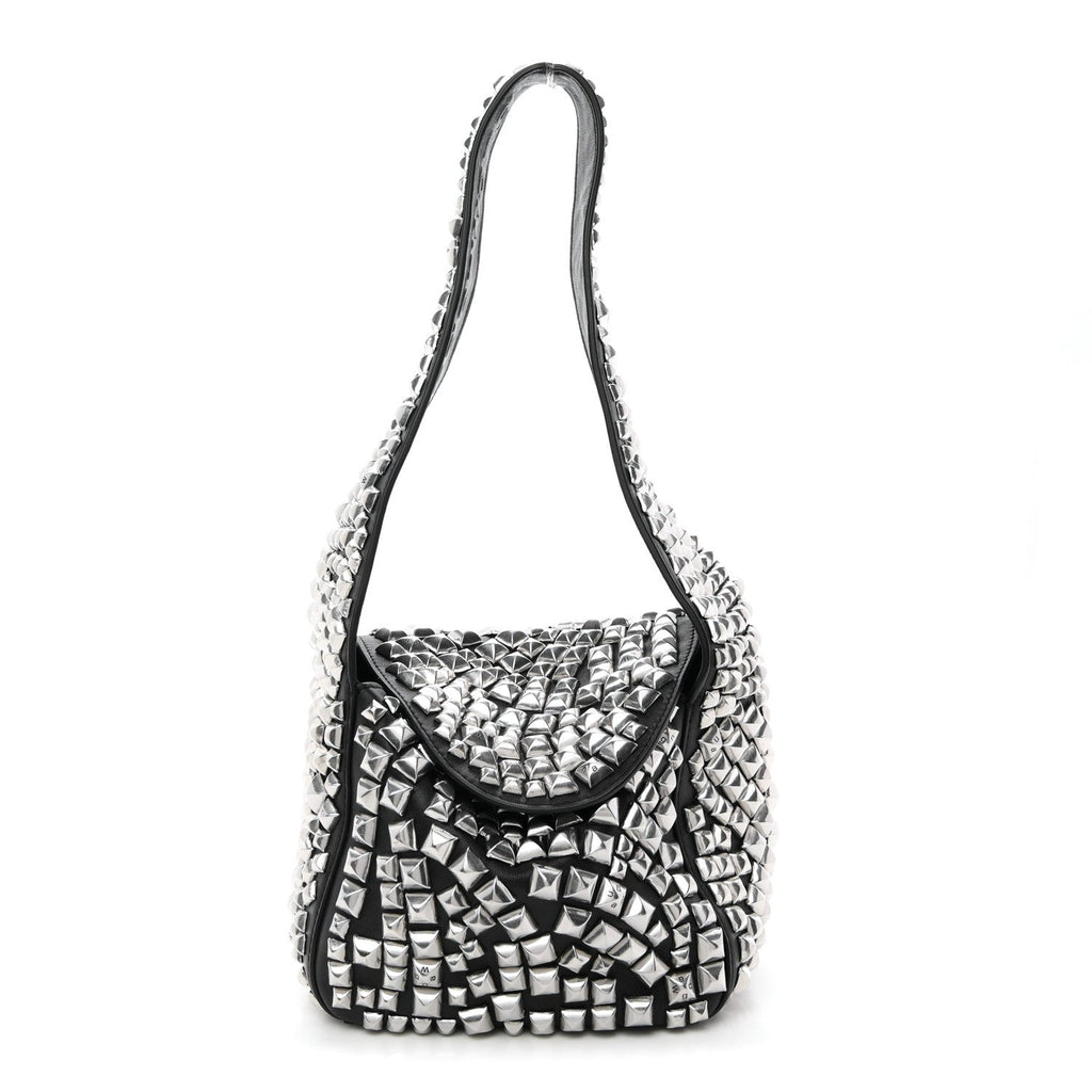 Sheepskin Studded Small Spike Hobo Black