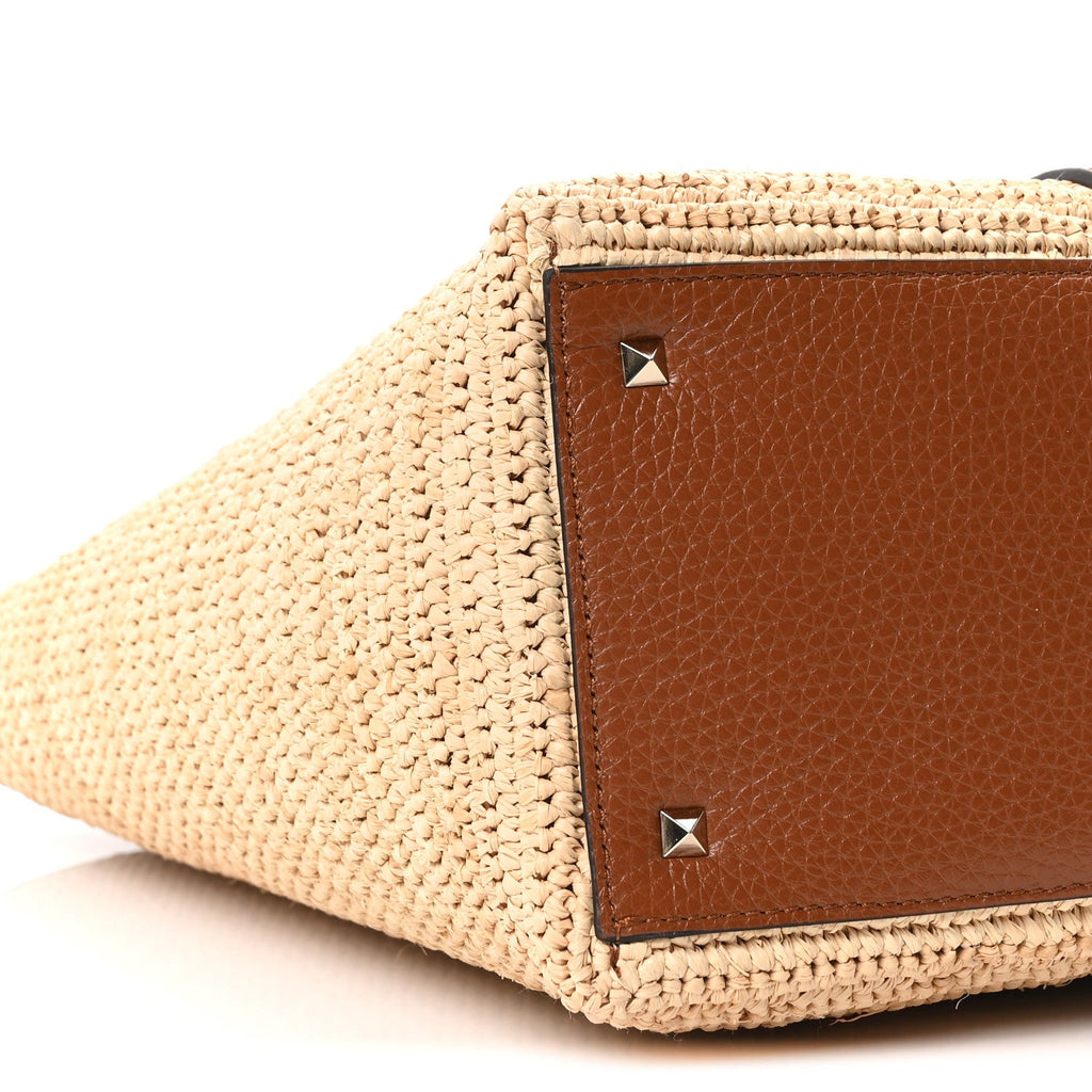 Raffia Calfskin Rockstud Shopping Tote Naturale Saddle Brown