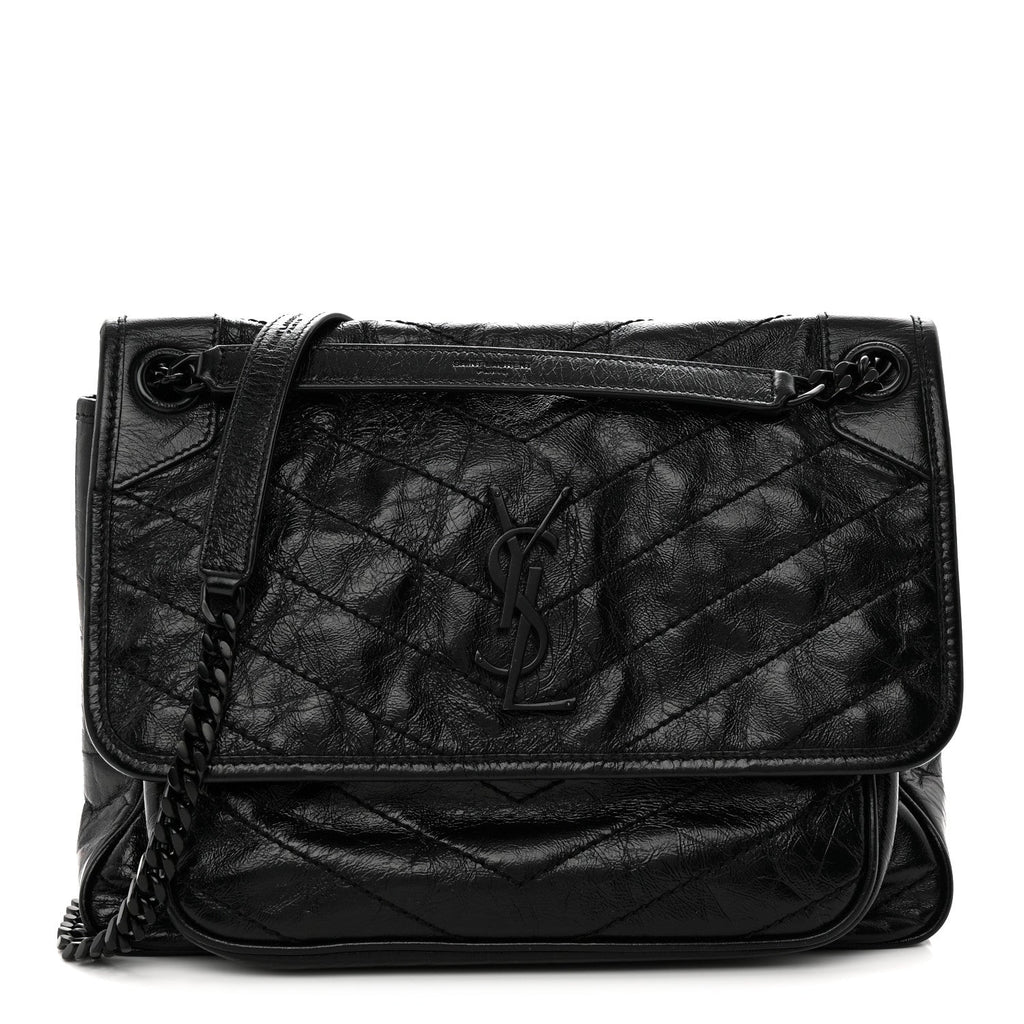 Crinkled Calfskin Matelasse Monogram Medium Niki Chain Satchel Black