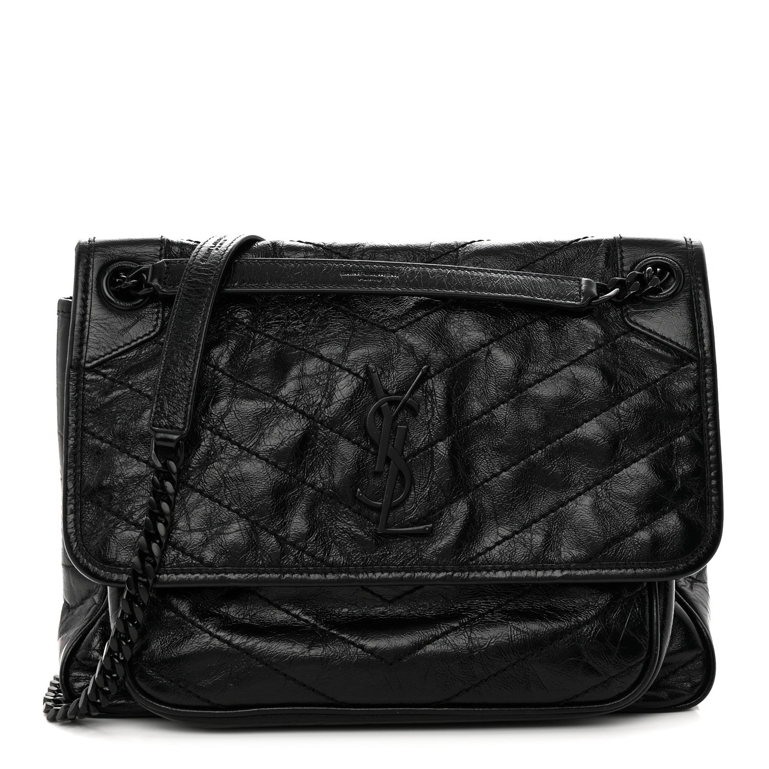 Crinkled Calfskin Matelasse Monogram Medium Niki Chain Satchel Black