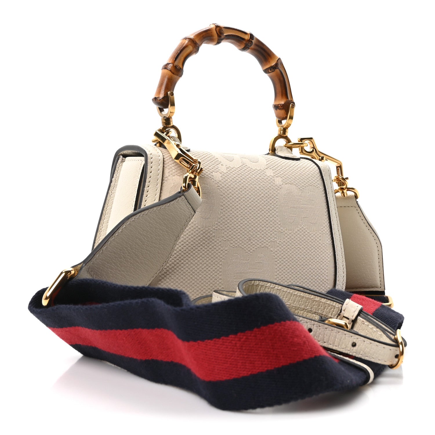 Monogram Jumbo GG Textured Dollar Calfskin Web Small Bamboo 1947 Top Handle Bag Off White