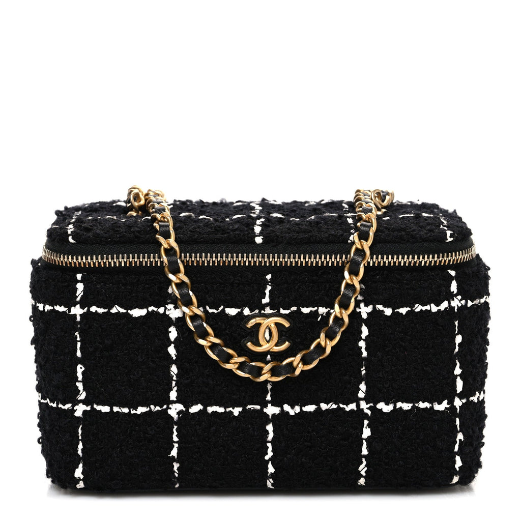 Tweed Pearl Crush Small Vanity Case With Chain  Black White