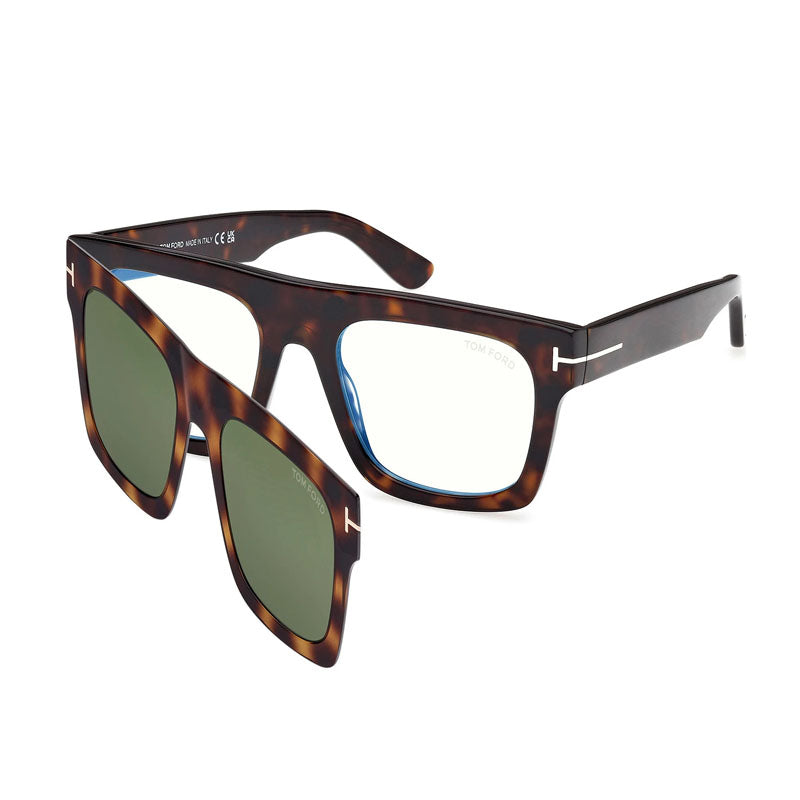 Tom Ford Eyeglasses Square Full Rim, Dark Havana Frame and Clear Blue Light Block with Green Clip-On Lens FT6068-B052