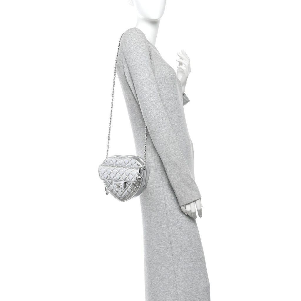 Metallic Lambskin Quilted Large CC In Love Heart Bag Silver