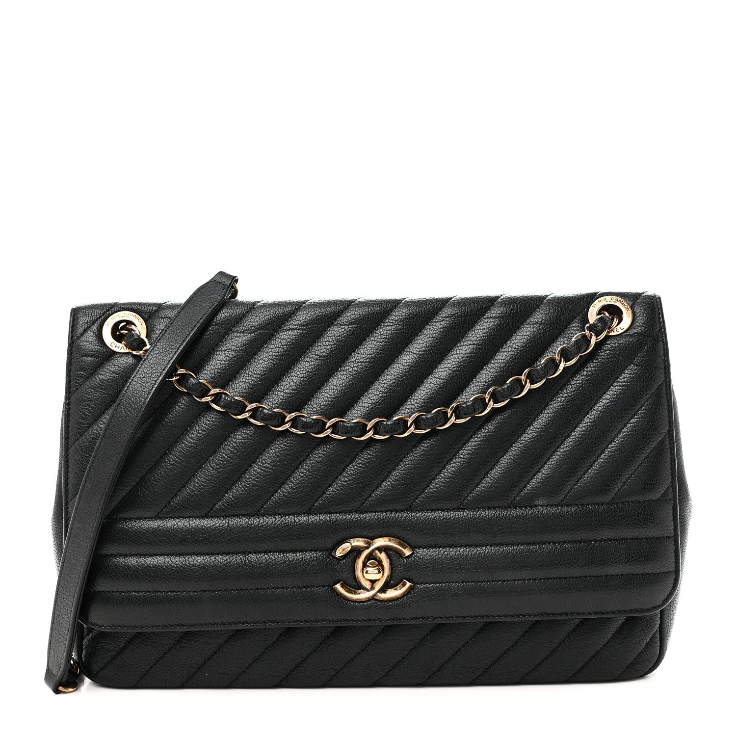 Shiny Goatskin Diagonal Quilted Large Flap Black