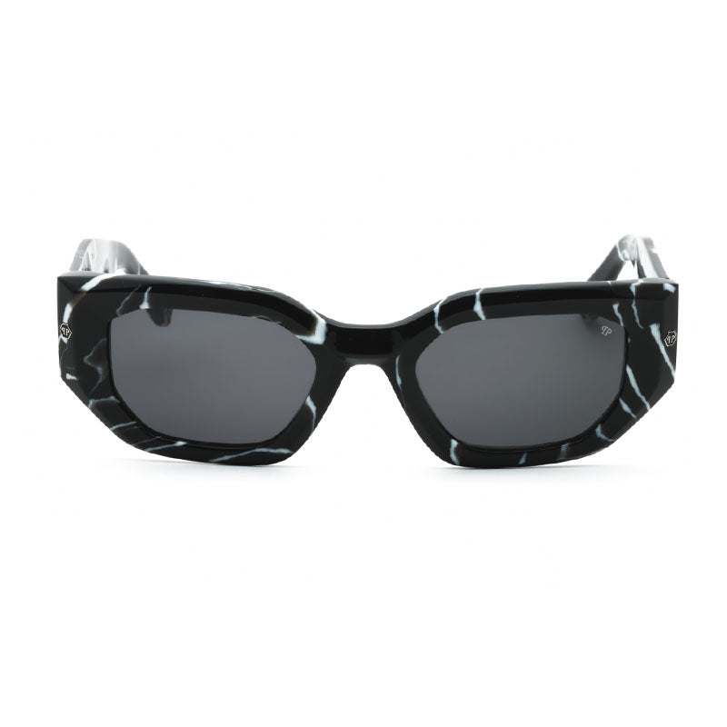 Philipp Plein Sunglasses Geometric Full Rim, Marbled Black Frame and Grey Lens SPP066M0Z21