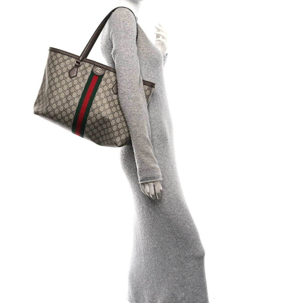 GG Supreme Monogram Textured Calfskin Web Medium Ophidia Shopping Tote Beige Ebony New Acero