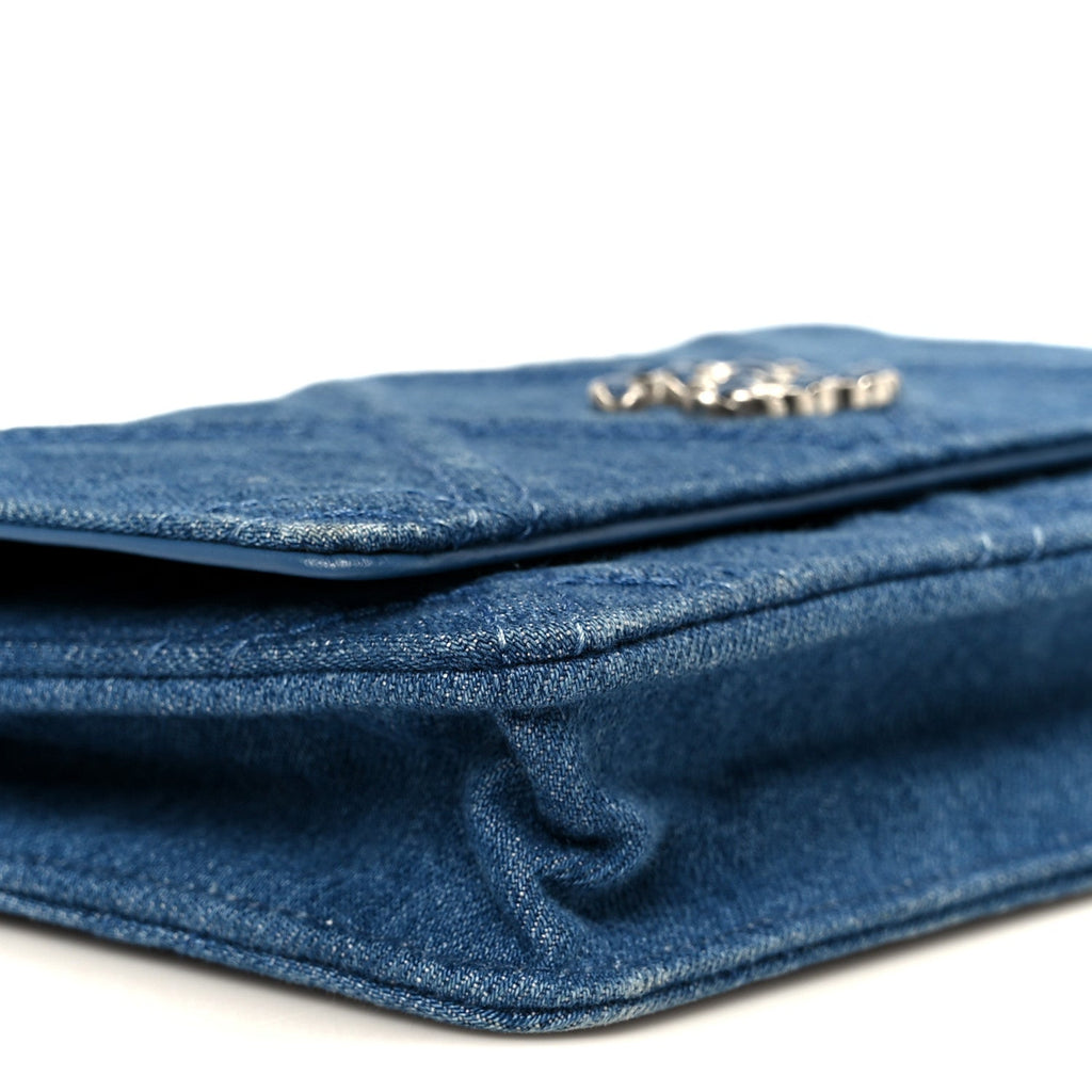 Denim Quilted Chanel 19 Wallet On Chain WOC Blue