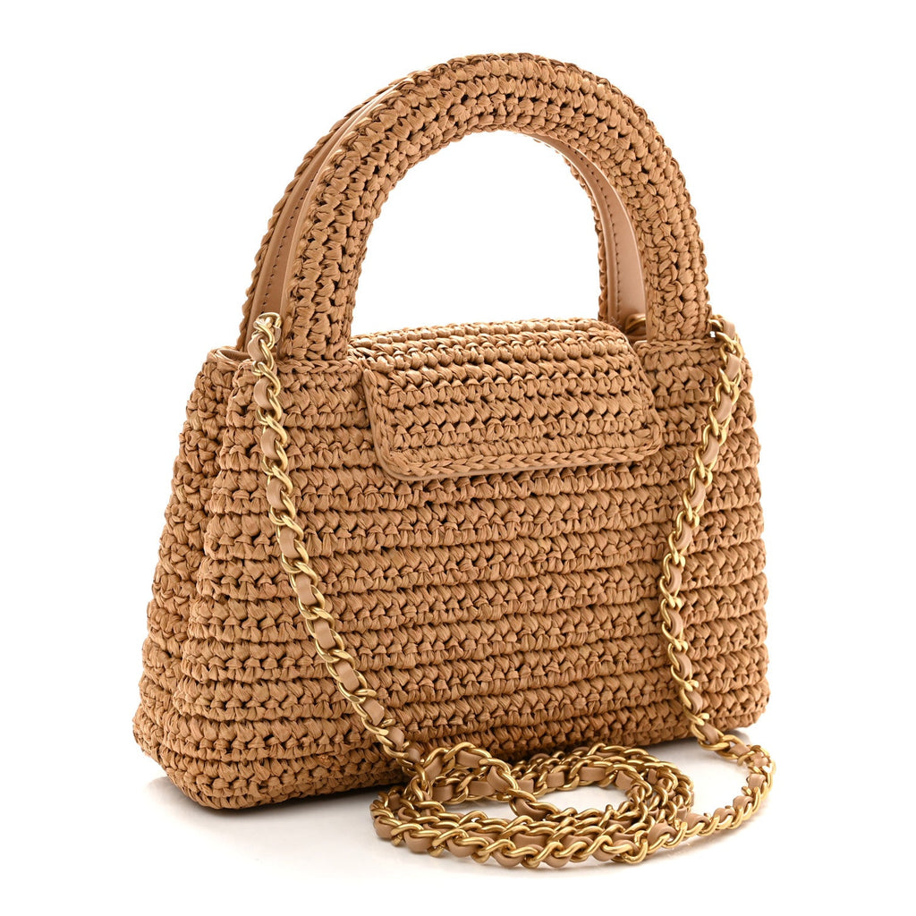 Braided Raffia Nano Kelly Flap Bag Dark Beige